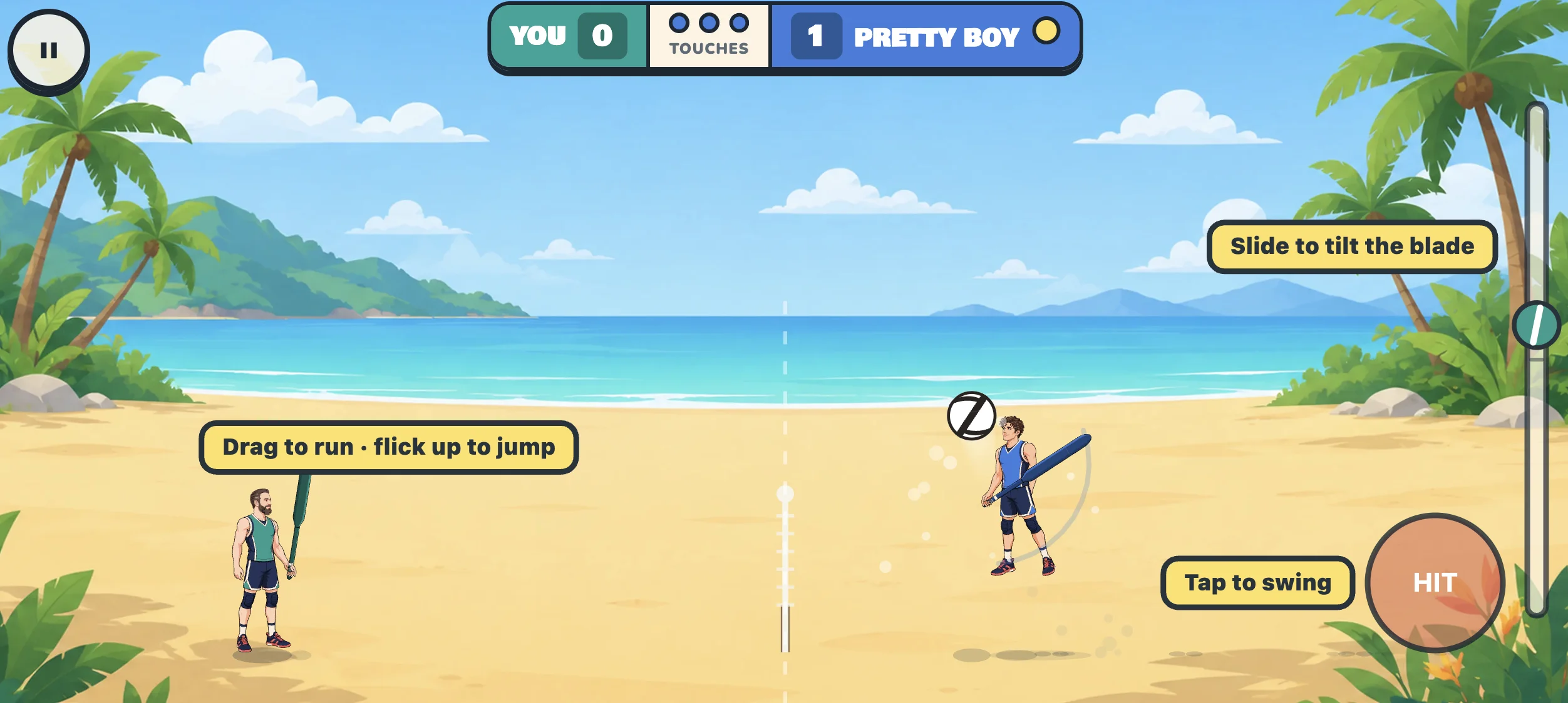 Playing on a phone: on-screen hints name each touch control — drag to run, slide to tilt the blade, tap HIT to swing