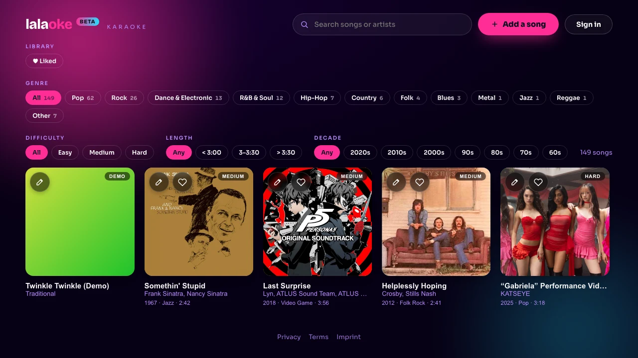 The Lalaoke song library: a grid of song cards with genre, difficulty, length and decade filters, and an Add a song button