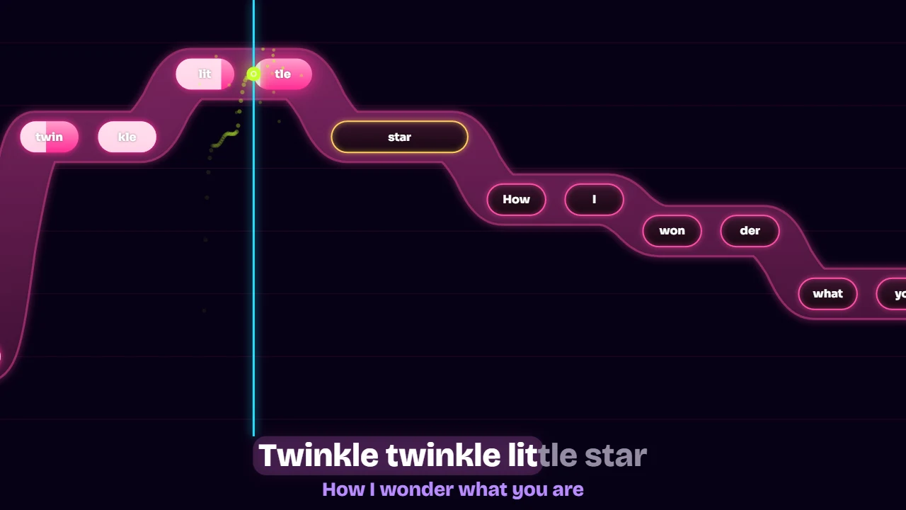 Singing Twinkle Twinkle Little Star: syllables laid out as a descending note highway, the current line under it in large type